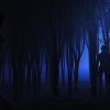 3D render of a female looking at creature hiding in foggy forest